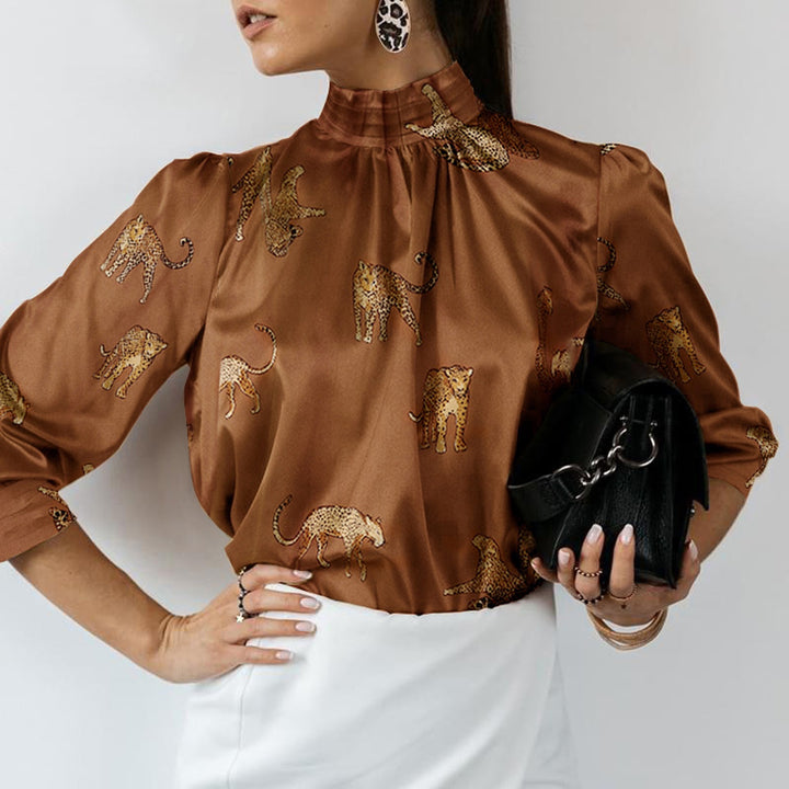 Damen Hochgeschlossenes Satinblusenshirt mit Stehkragen und Animal‑Print Drune