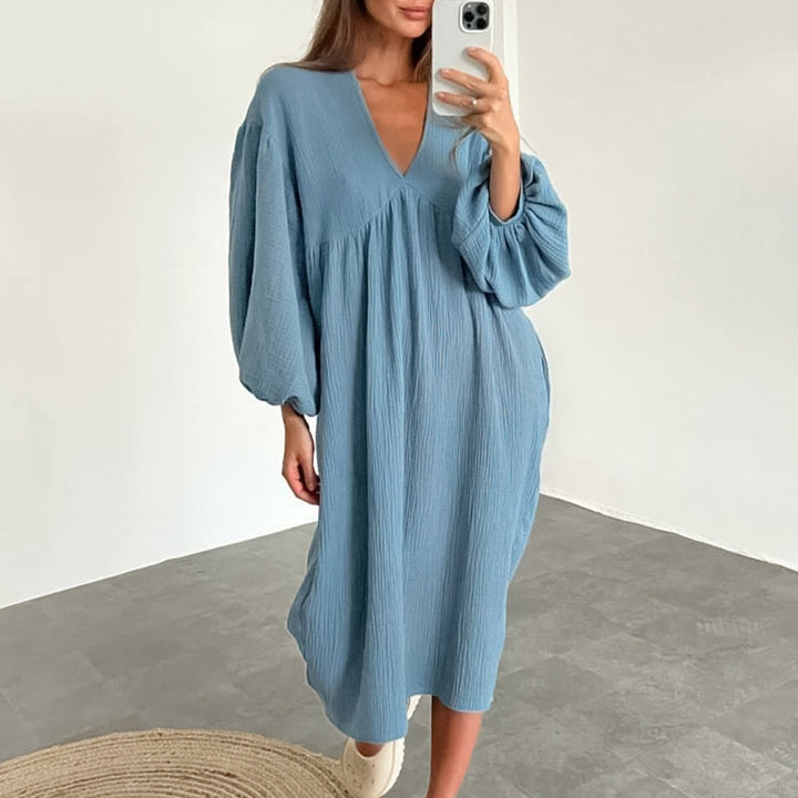 Damen lässiges Oversized-Kleid mit voluminösen Ärmeln und V-Ausschnitt Drune