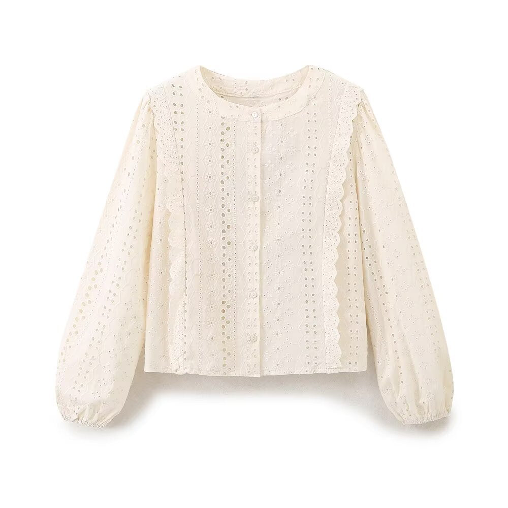 Damen Broderie‑Anglaise Bluse mit Rundausschnitt, Ballonärmeln und Spitzenbesatz Drune