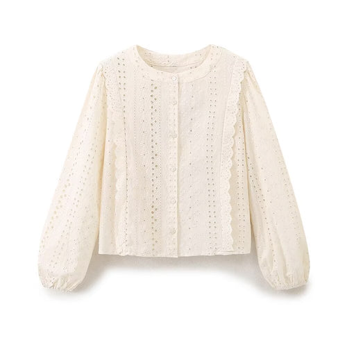 Damen Broderie‑Anglaise Bluse mit Rundausschnitt, Ballonärmeln und Spitzenbesatz Drune