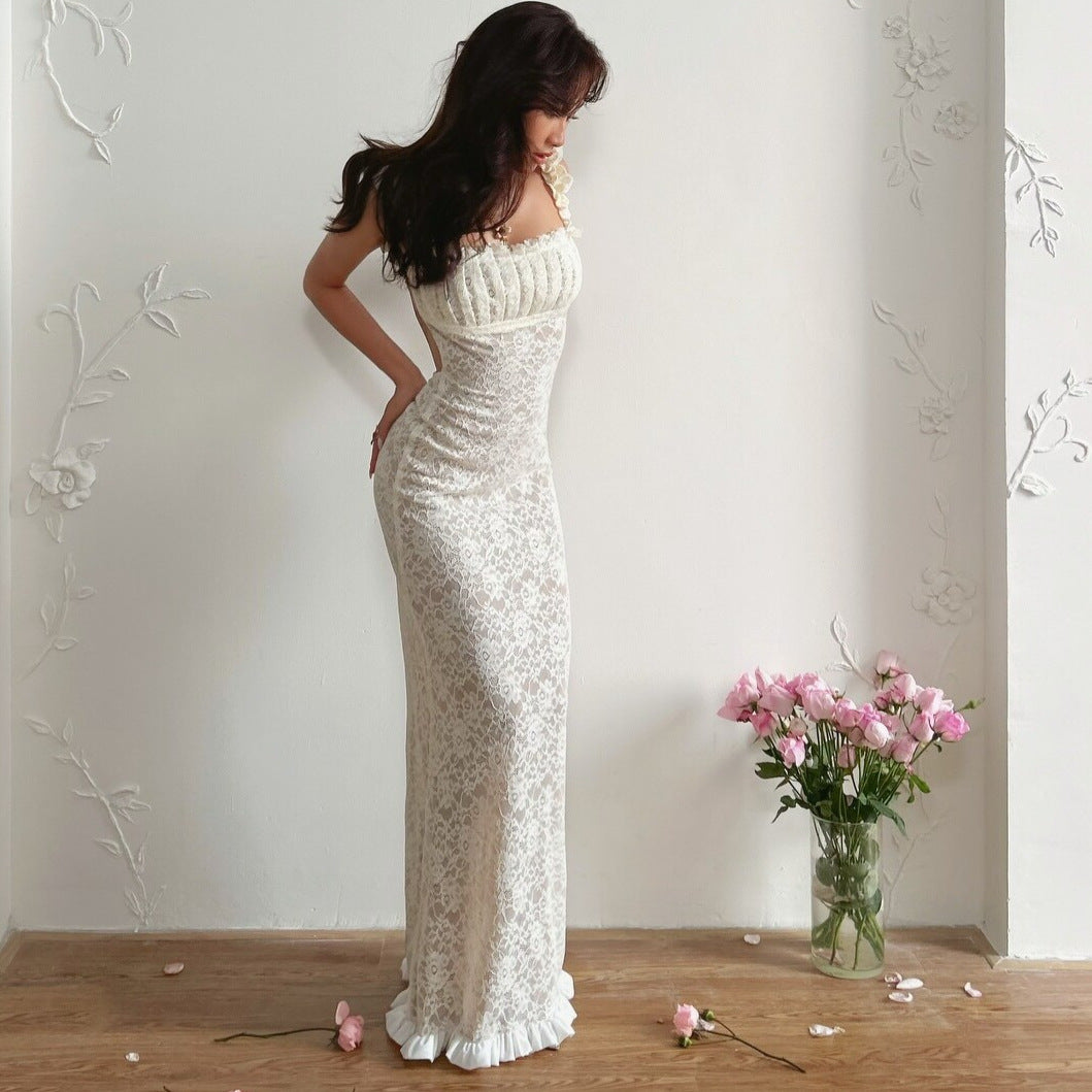 Damen Spitzen-Maxikleid mit Rüschendetails und elegantem Schnitt Drune