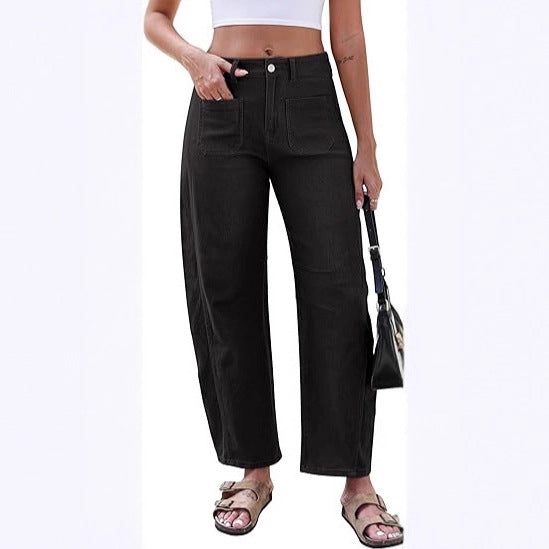 Damen weite Jeans mit hohen Taillenschnitt und praktischen Taschen Drune