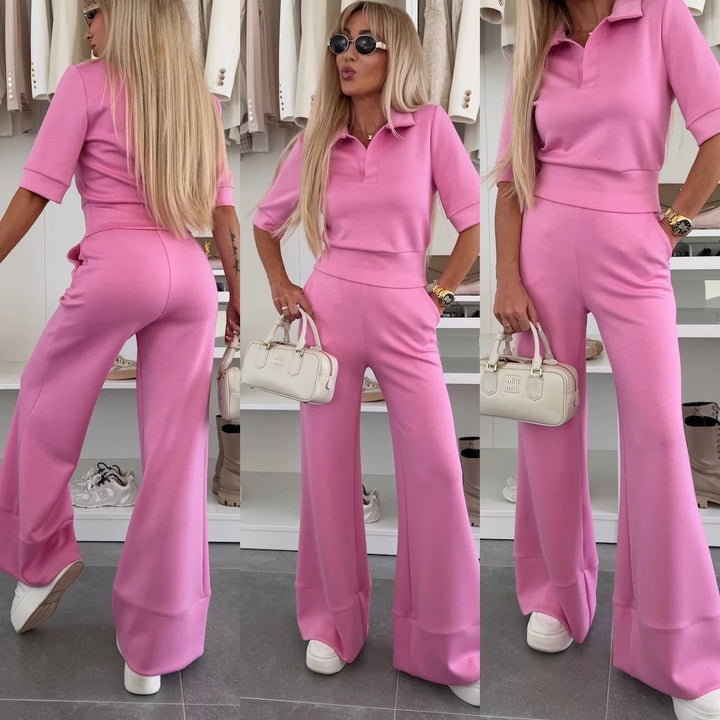 Damen figurnahes Cropped-Poloshirt und hochgeschnittene Wide‑Leg Hose Zweiteiler aus weichem Scuba-Jersey Drune
