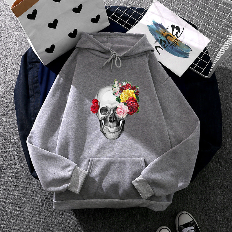 Unisex nan Kapuzenpullover mit floraler Totenkopf-Illustration, Oversize-Fit und French-Terry-Qualität Drune