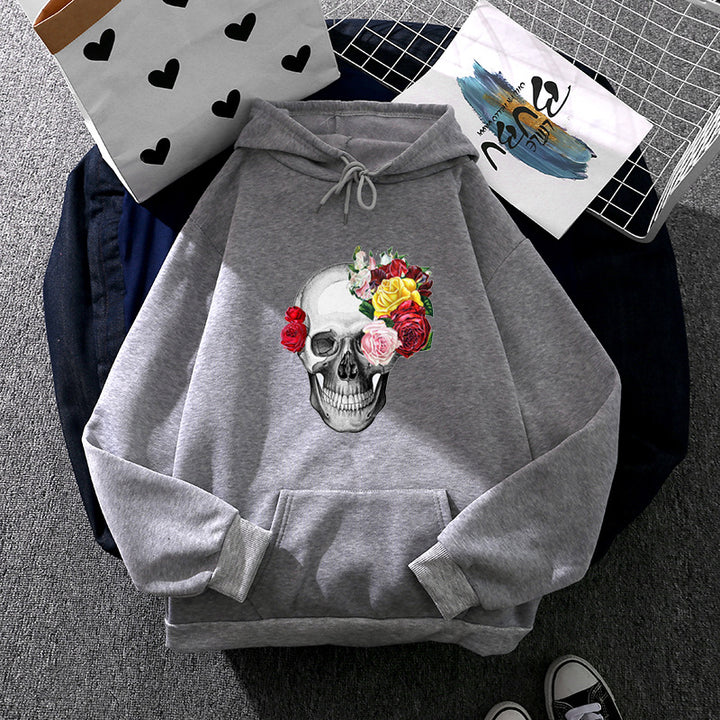 Unisex nan Kapuzenpullover mit floraler Totenkopf-Illustration, Oversize-Fit und French-Terry-Qualität Drune