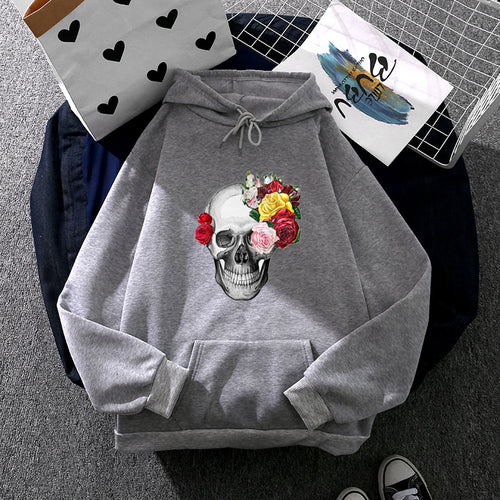 Unisex nan Kapuzenpullover mit floraler Totenkopf-Illustration, Oversize-Fit und French-Terry-Qualität Drune