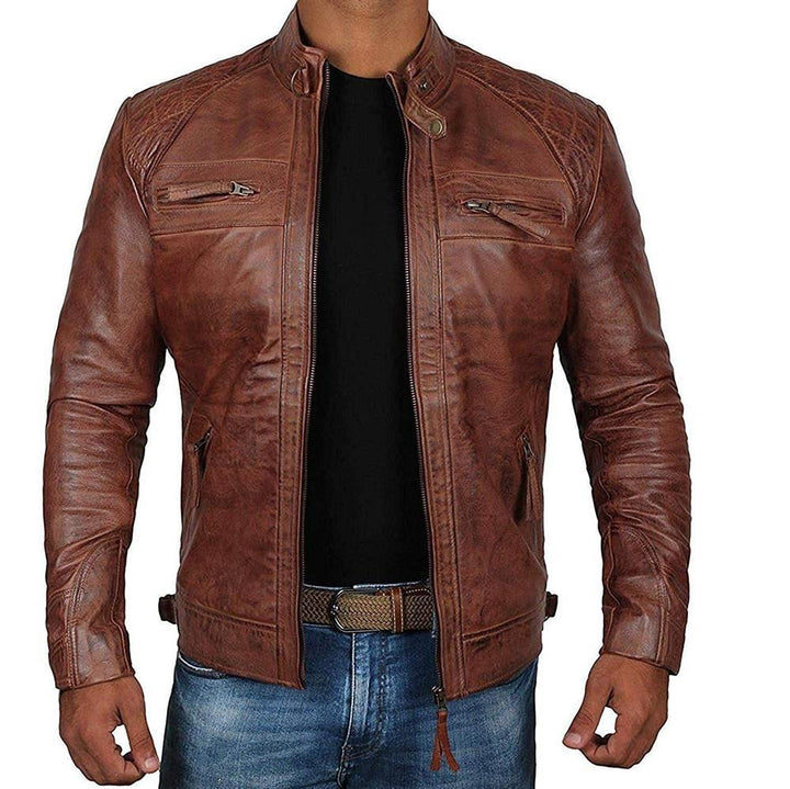 Herren Lederjacke Bikerstil aus echtem Leder mit Stehkragen und Zipper-Taschen Drune