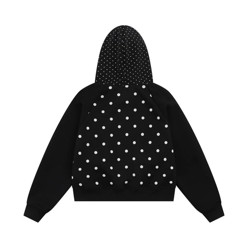 Damen Kapuzen‑Sweatjacke mit Rüschenkapuze, Polka‑Dot‑Muster und Zierschleifen Drune