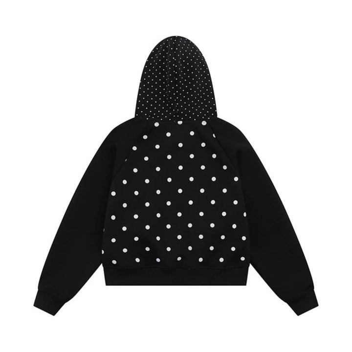 Damen Kapuzen‑Sweatjacke mit Rüschenkapuze, Polka‑Dot‑Muster und Zierschleifen Drune