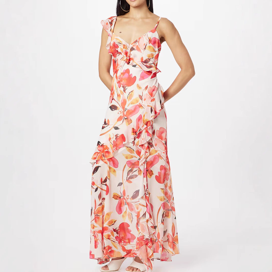 Damen Maxikleid mit floralen Rüschen und schulterfreien Trägern Drune
