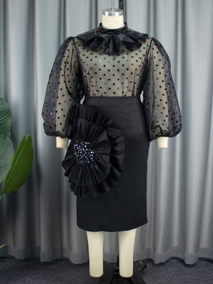 Damen Elegantes Kleid mit transparenten Puffärmeln und Rüschenakzent Drune