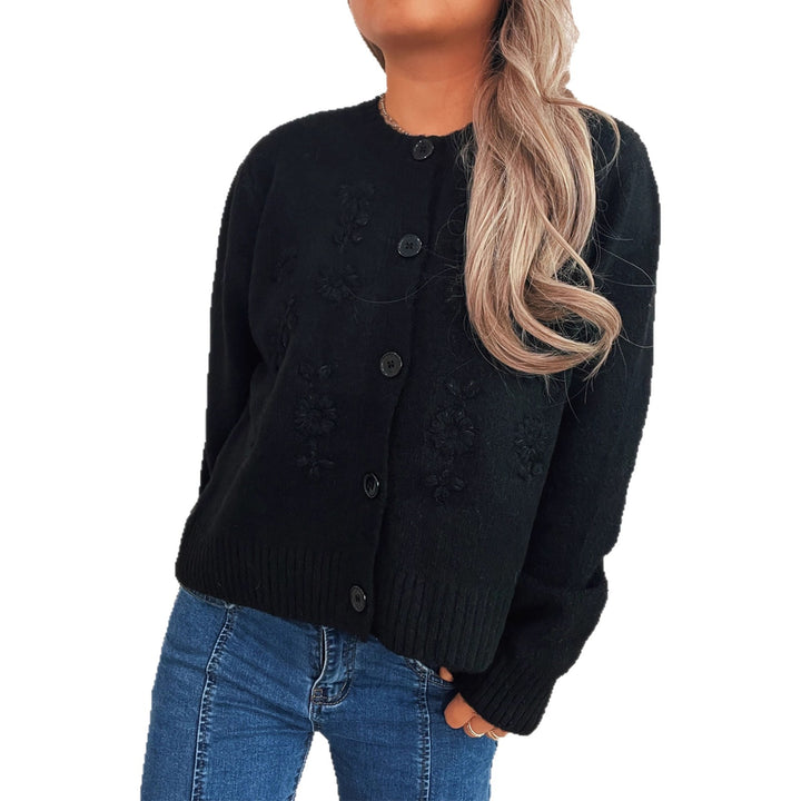 Damen lockerer Strickcardigan mit floralen Applikationen und Knopfdetails Drune