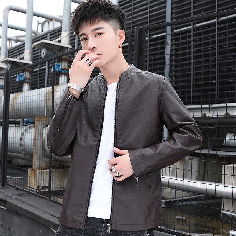Herren schlanker Kunstleder‑Moto‑Blouson mit Stehkragen und Reißverschluss‑Taschen Drune