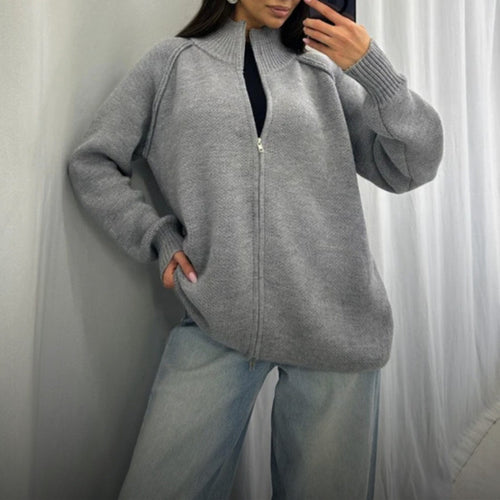 Damen Stehkragen Strickjacke mit Reißverschluss Drune