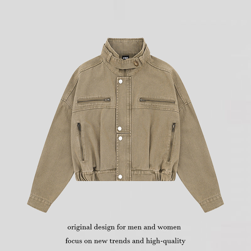 Damen Cropped Utility-Bomberjacke mit Stehkragen, Reißverschlusstaschen und Elastbund Drune