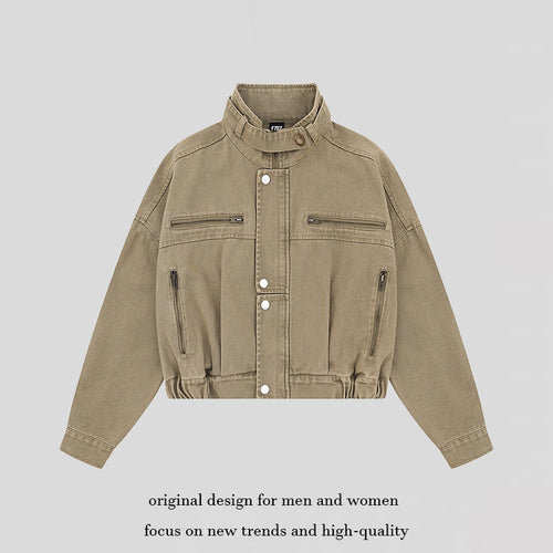 Damen Cropped Utility-Bomberjacke mit Stehkragen, Reißverschlusstaschen und Elastbund Drune