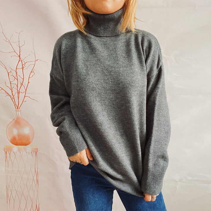 Damen Grobstrickpullover mit hohen Kragen und lockerer Passform Drune