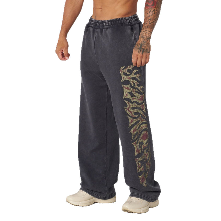 Herren nan weite Jogginghose mit elastischem Bund, Seitentaschen und detailreichem Schädel- und Rosenmotiv Drune