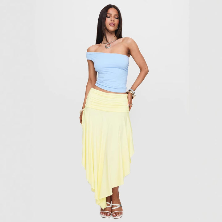 Damen asymmetrischer Maxi-Rock mit fließendem Stoff und elegantem Bund Drune