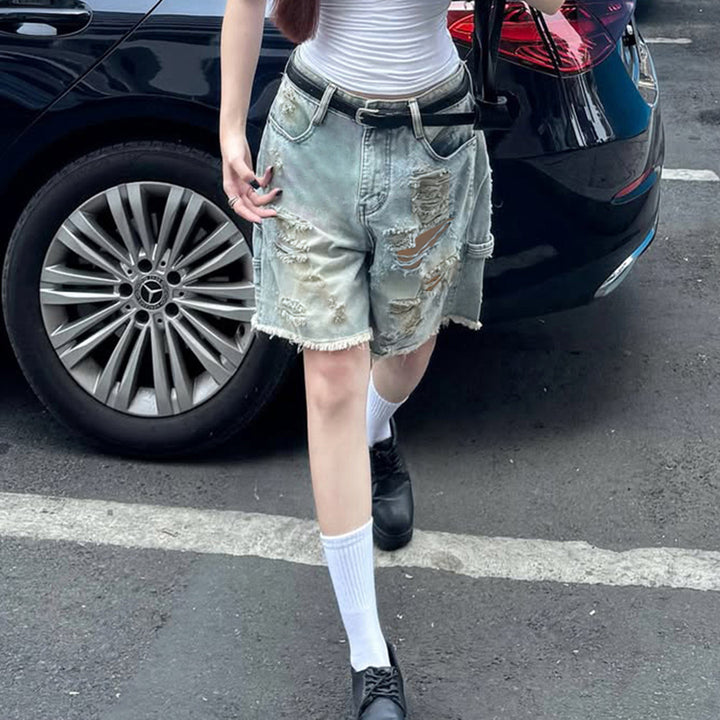 Damen Destroyed Denim-Shorts mit hohem Bund und ausgefransten Säumen Drune