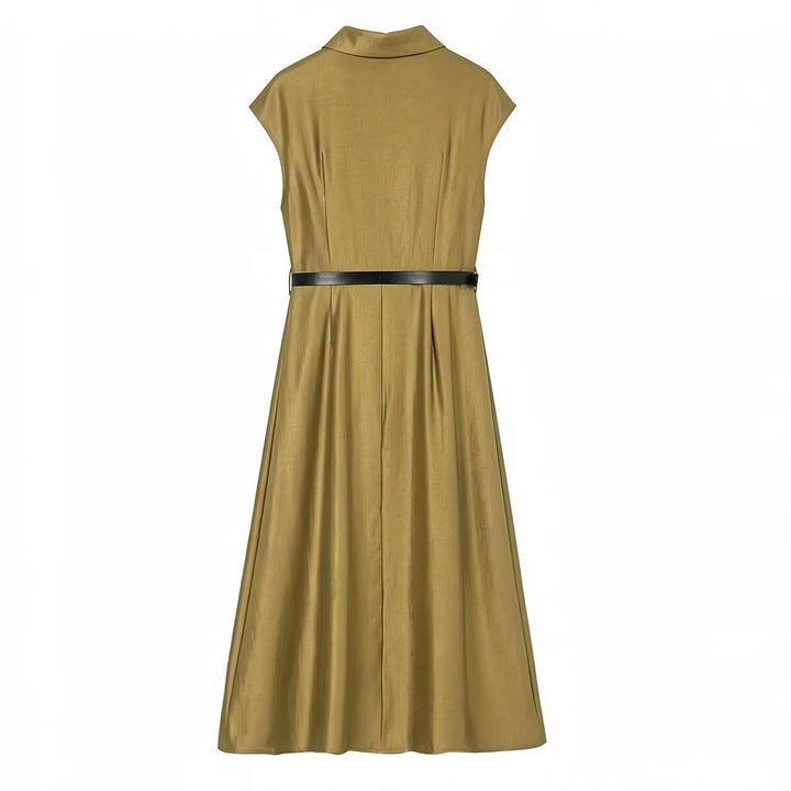 Damen Ärmelloses Hemdblusenkleid mit Taillenfalten und Gürtel Drune