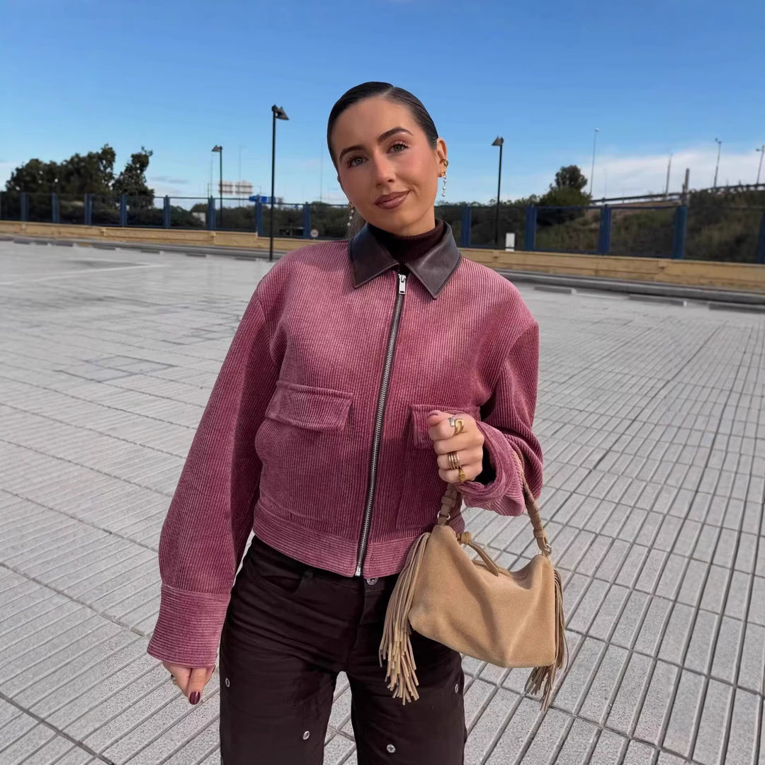 Damen Cordjacke mit Reißverschluss, Kunstlederkragen und aufgesetzten Taschen Drune