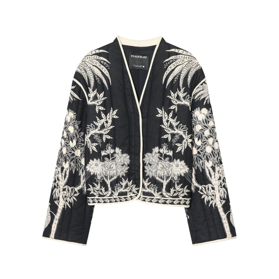 Damen nan kimonoartige gesteppte Jacke mit floraler Stickerei und kontrastpaspel Drune