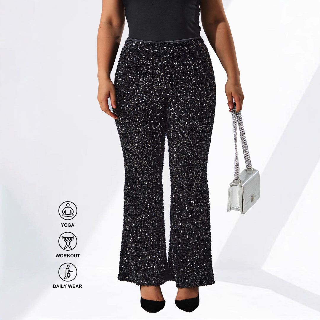 Damen Glamouröse Pailletten-Flared-Hose mit hohem Bund und Stretch Drune