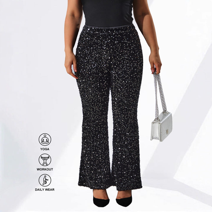 Damen Glamouröse Pailletten-Flared-Hose mit hohem Bund und Stretch Drune