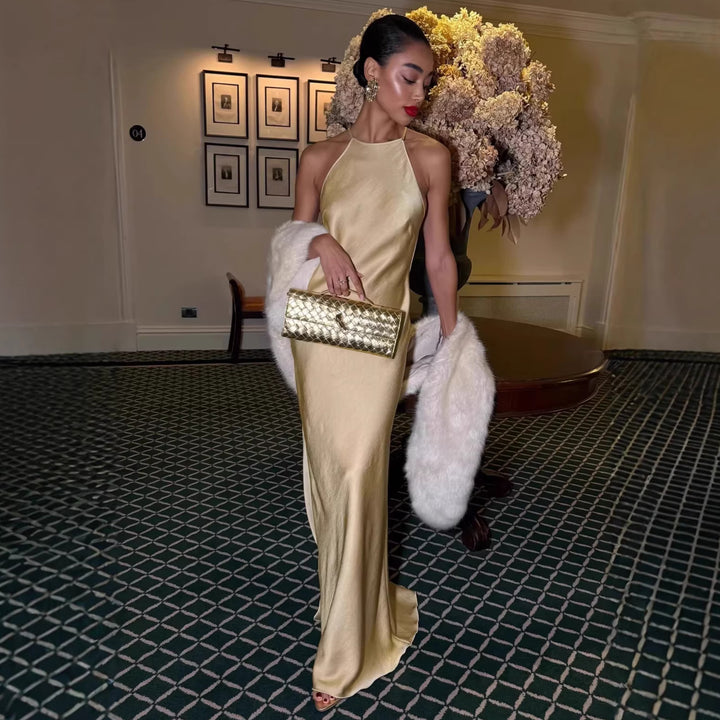 Damen elegantes Maxikleid mit raffiniertem Rückenausschnitt und schimmerndem Material Drune