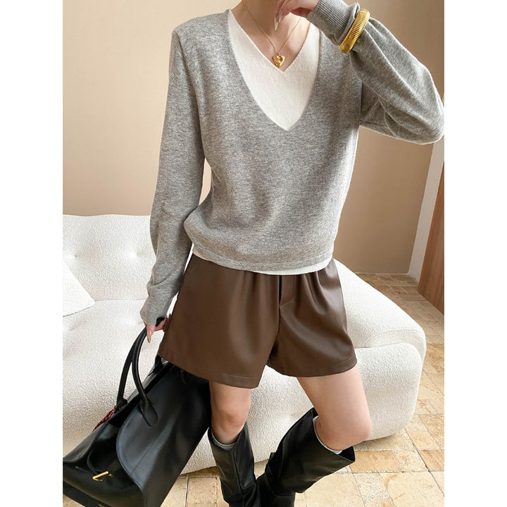 Damen eleganter V-Ausschnitt Pullover mit feiner Rippstruktur und weichem Material Drune