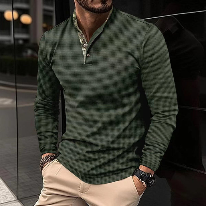 Herren nan langärmliges Henley-Poloshirt mit Stehkragen, feiner Struktur und gemustertem Innenkragen Drune