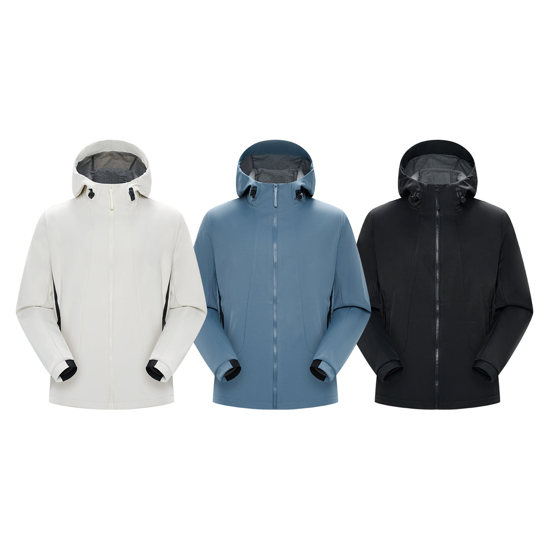 Herren Minimalistische Softshell‑Regenjacke mit verdecktem Reißverschluss, integrierter Kapuze und atmungsaktivem Meshfutter Drune