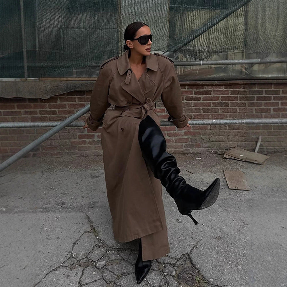 Damen eleganter Trenchcoat mit Taillengürtel und hochgeschlossenem Kragen Drune