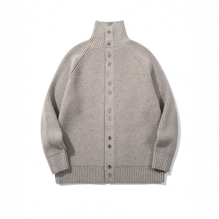 Herren grobgestrickter Knopfcardigan mit hohem Rollkragen und Raglanärmeln Drune
