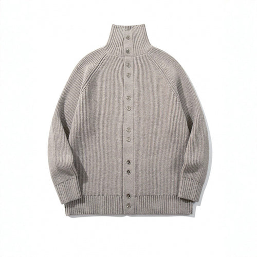 Herren grobgestrickter Knopfcardigan mit hohem Rollkragen und Raglanärmeln Drune
