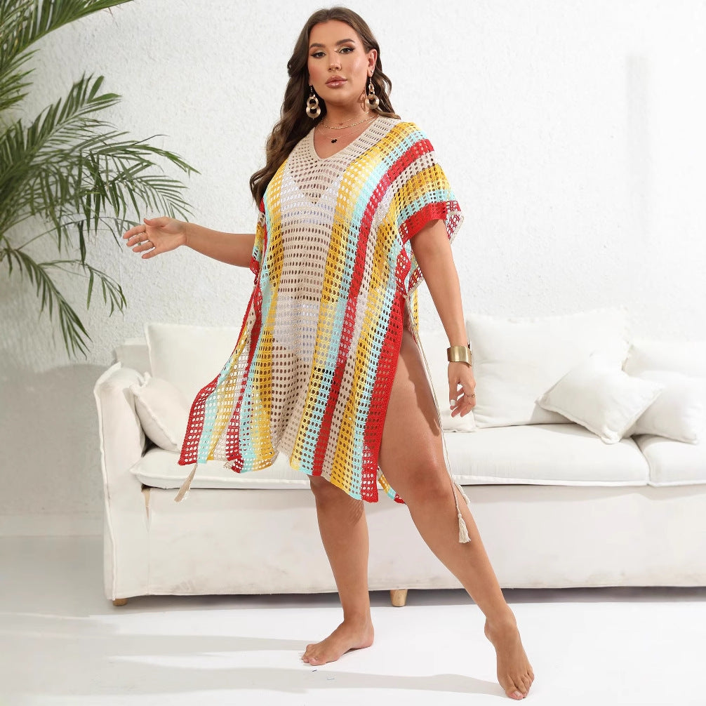 Damen luftiger Häkel-Strandponcho mit modischen Fransen Drune