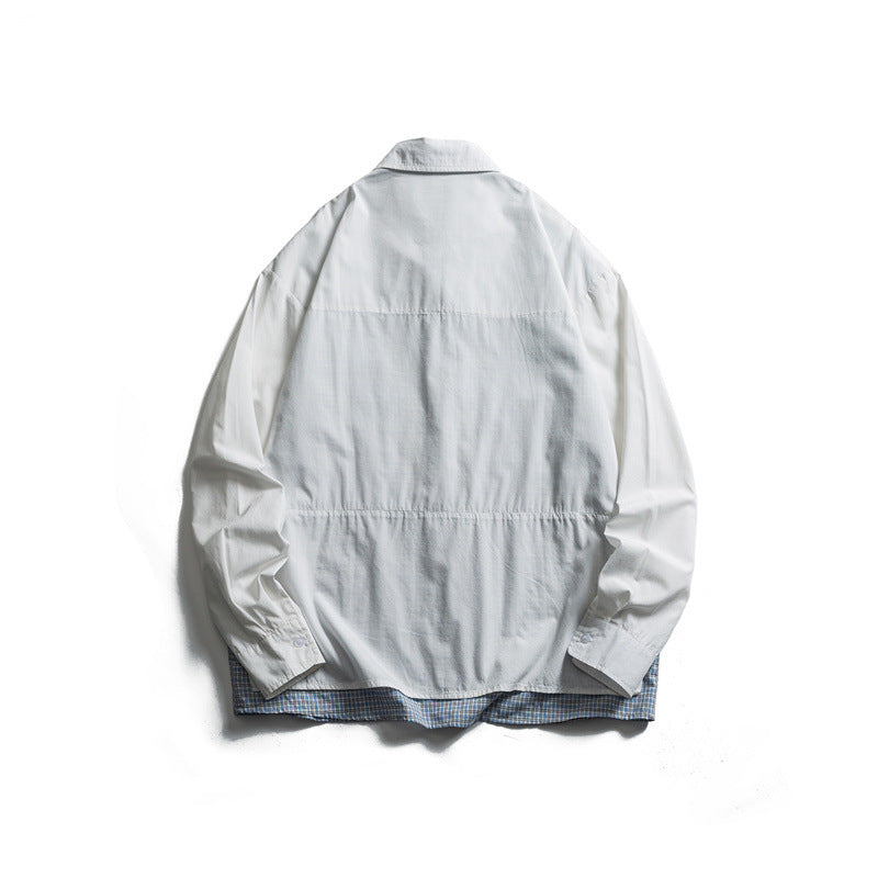 Unisex Oversize Hemdjacke im Lagenlook mit aufgesetzten Brusttaschen und karierter Einsatzkante Drune