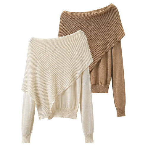 Damen Asymmetrischer schulterfreier Strickpullover mit Poncho‑Einsatz Drune