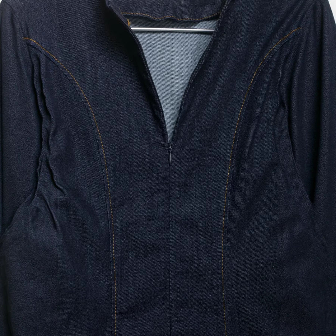 Damen A‑Linien Jeanskleid mit Puffärmeln und figurbetonten Abnähern Drune