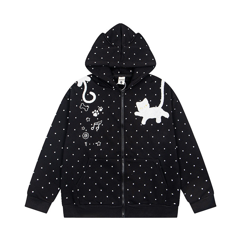 Damen Kapuzen‑Sweatjacke mit Katzenohren, Punktallover und Chenille‑Katzenapplikation Drune