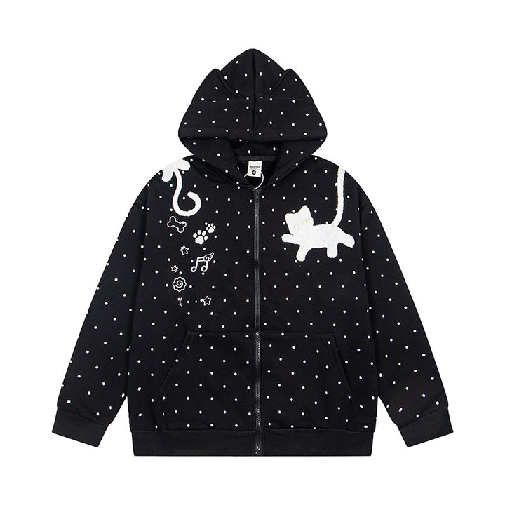 Damen Kapuzen‑Sweatjacke mit Katzenohren, Punktallover und Chenille‑Katzenapplikation Drune