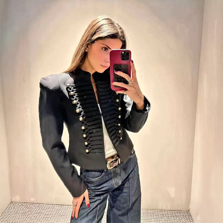 Damen Cropped Blazer im Husarenstil mit Stehkragen, Zierkordeln und Messingknöpfen Drune
