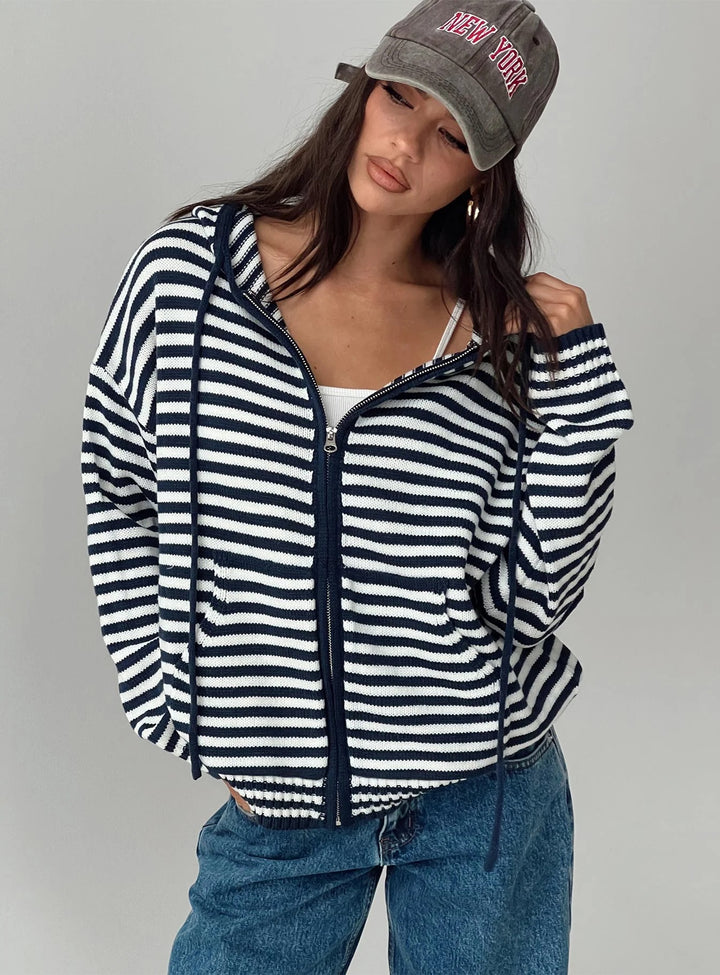 Damen lässige gestreifte Strickjacke mit durchgehendem Reißverschluss Drune