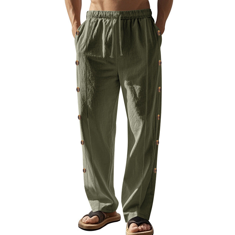 Herren nan entspannte Leinen-Relaxhose mit seitlicher Knopfleiste elastischem Bund und Eingrifftaschen Drune