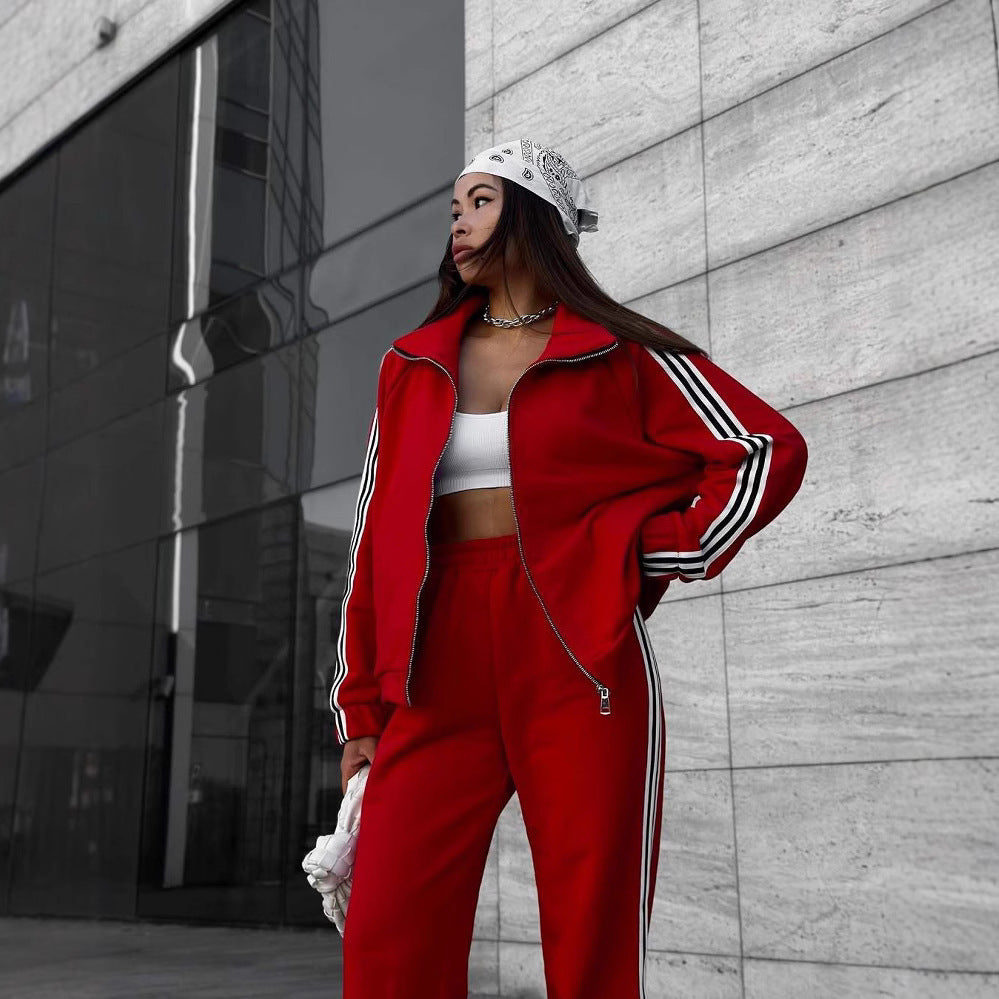 Damen sportlicher Velours-Sportanzug mit hohem Kragen und elegantem Reißverschluss Drune