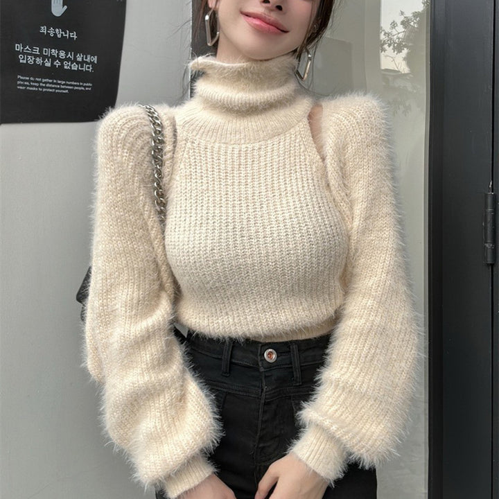 Damen Modischer Rollkragenpullover mit Puffärmeln Drune