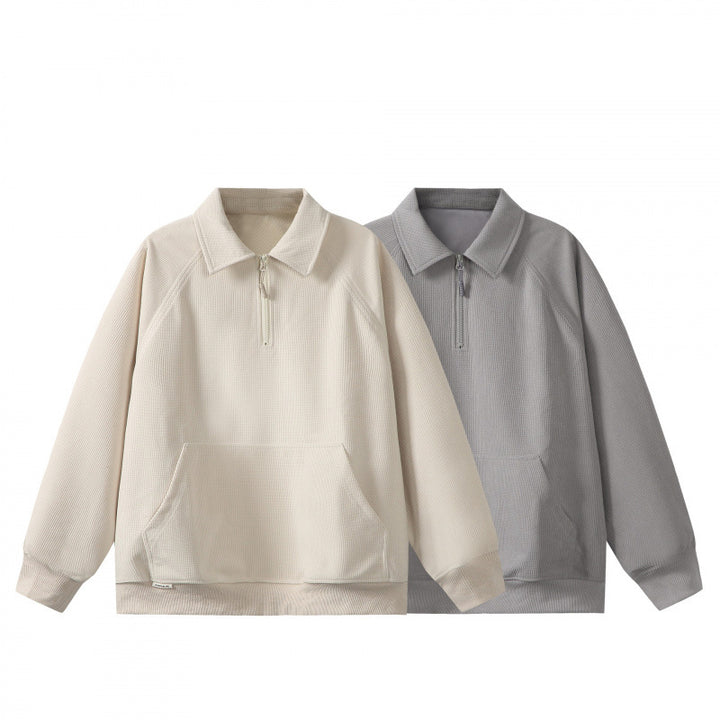 Unisex Oversize Halbzip-Sweatshirt mit Polokragen, Waffelstruktur und Kängurutasche Drune