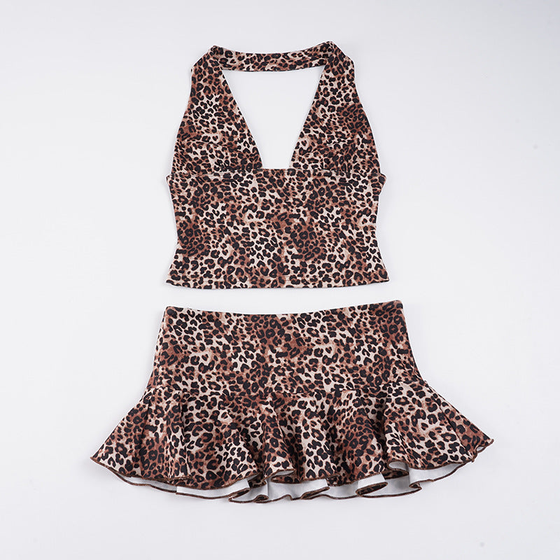 Damen Badeanzug Set mit Leopardenmuster und verführerischer Rüsche Drune