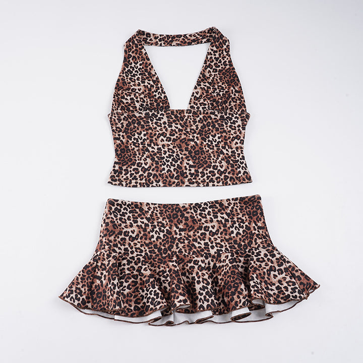 Damen Badeanzug Set mit Leopardenmuster und verführerischer Rüsche Drune